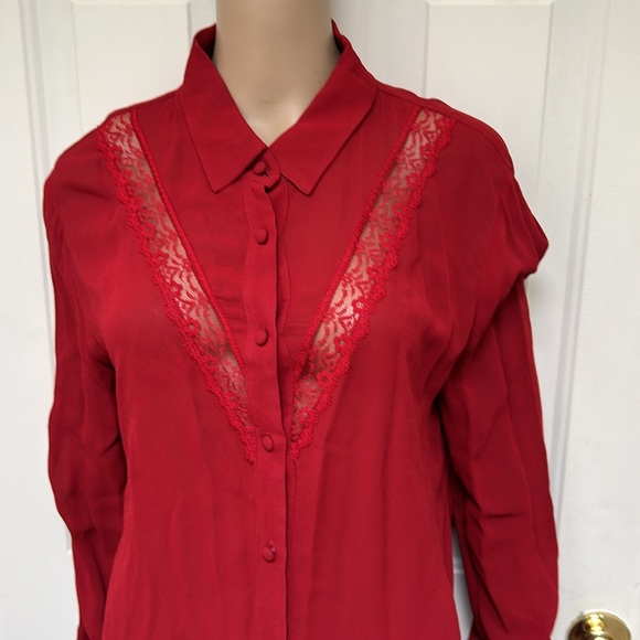Reformation Sheer Red Long Sleeve Button Up Lace Front Detail Blouse Semi Sheer - Picture 2 of 6